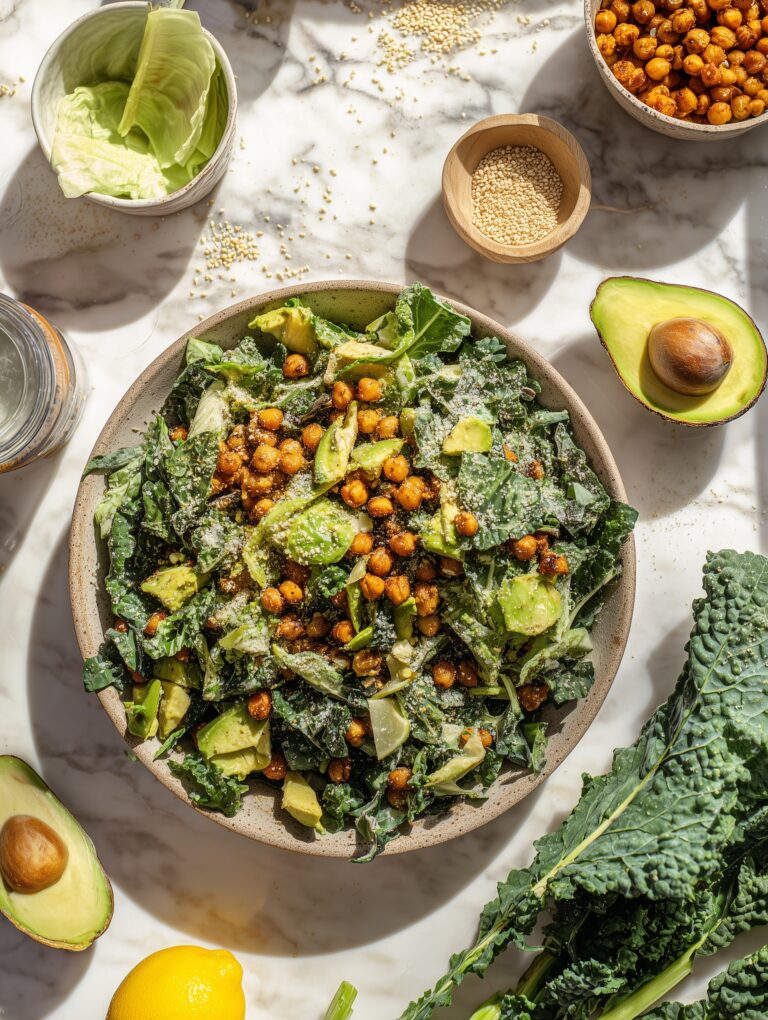 Chicken Kale Salad with Roasted Tomatoes, Crispy Chickpeas, and Tahini Dressing Recipe