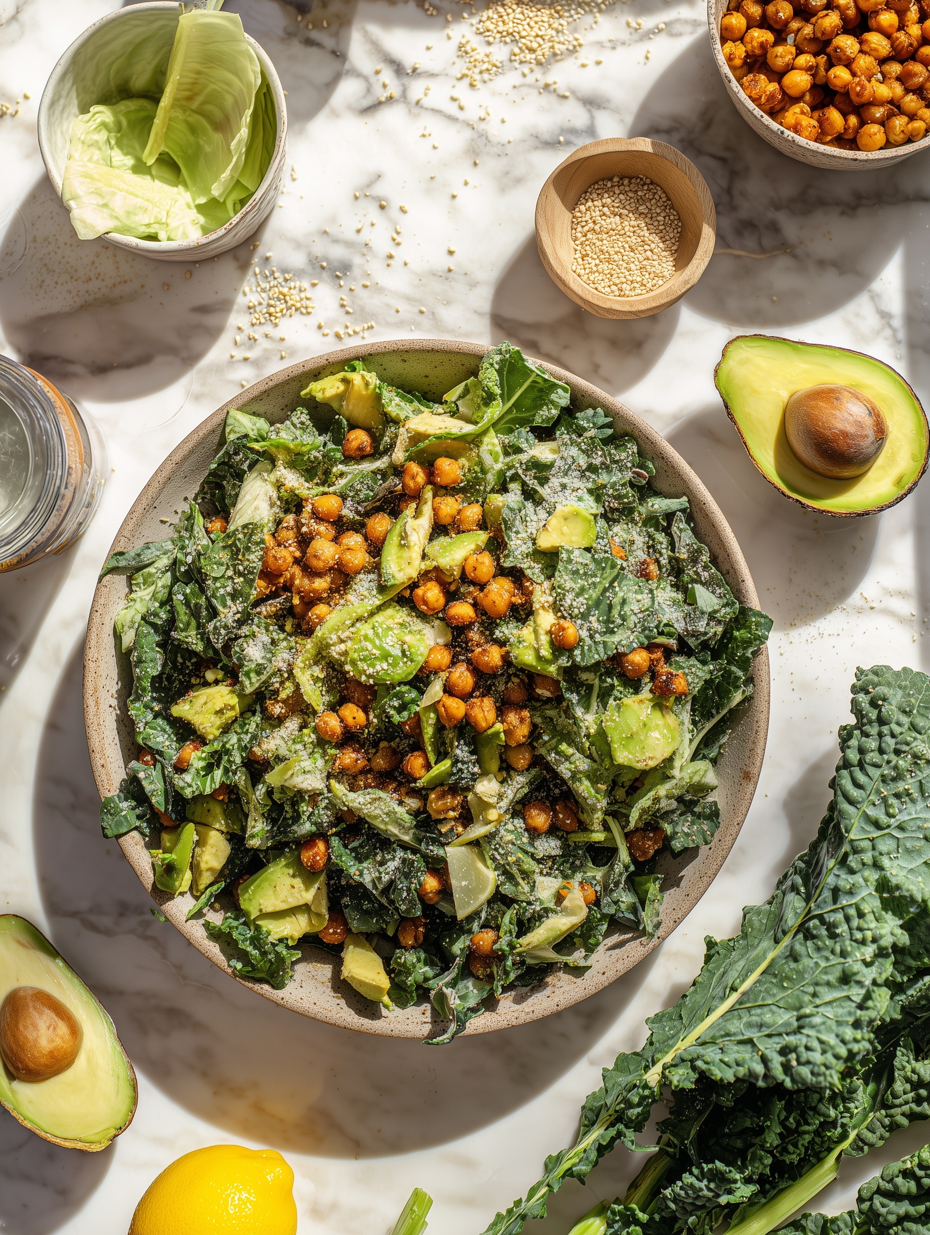 Chicken Kale Salad with Roasted Tomatoes, Crispy Chickpeas, and Tahini Dressing Recipe - Recipe Image