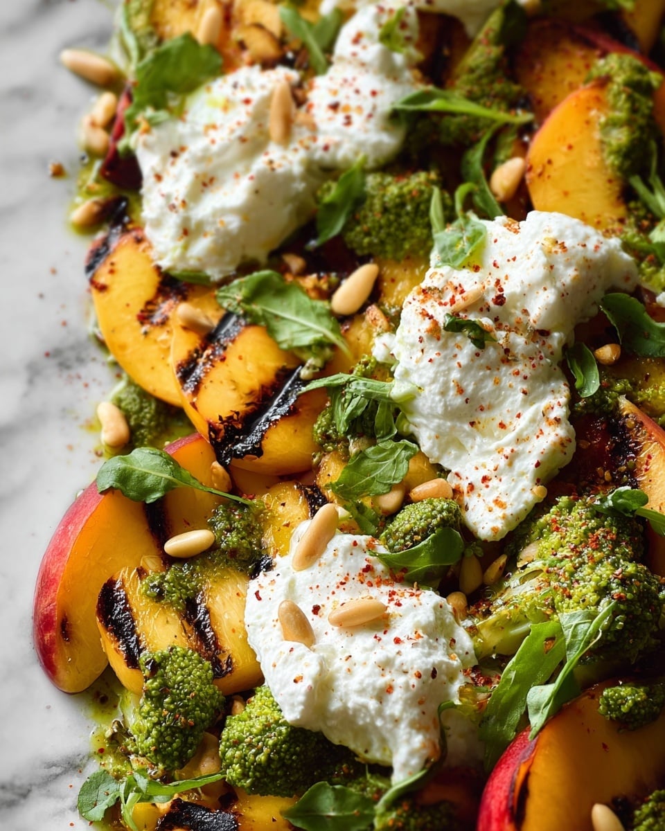 Grilled Peach Salad with Burrata, Basil Pesto Croutons, and Fresh Herbs Recipe - Recipe Image