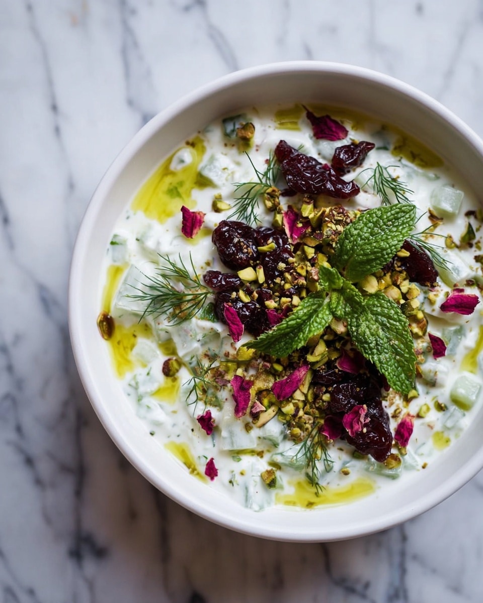 Cucumber Yogurt Salad With Dill, Sour Cherries and Rose Petals Recipe - Recipe Image